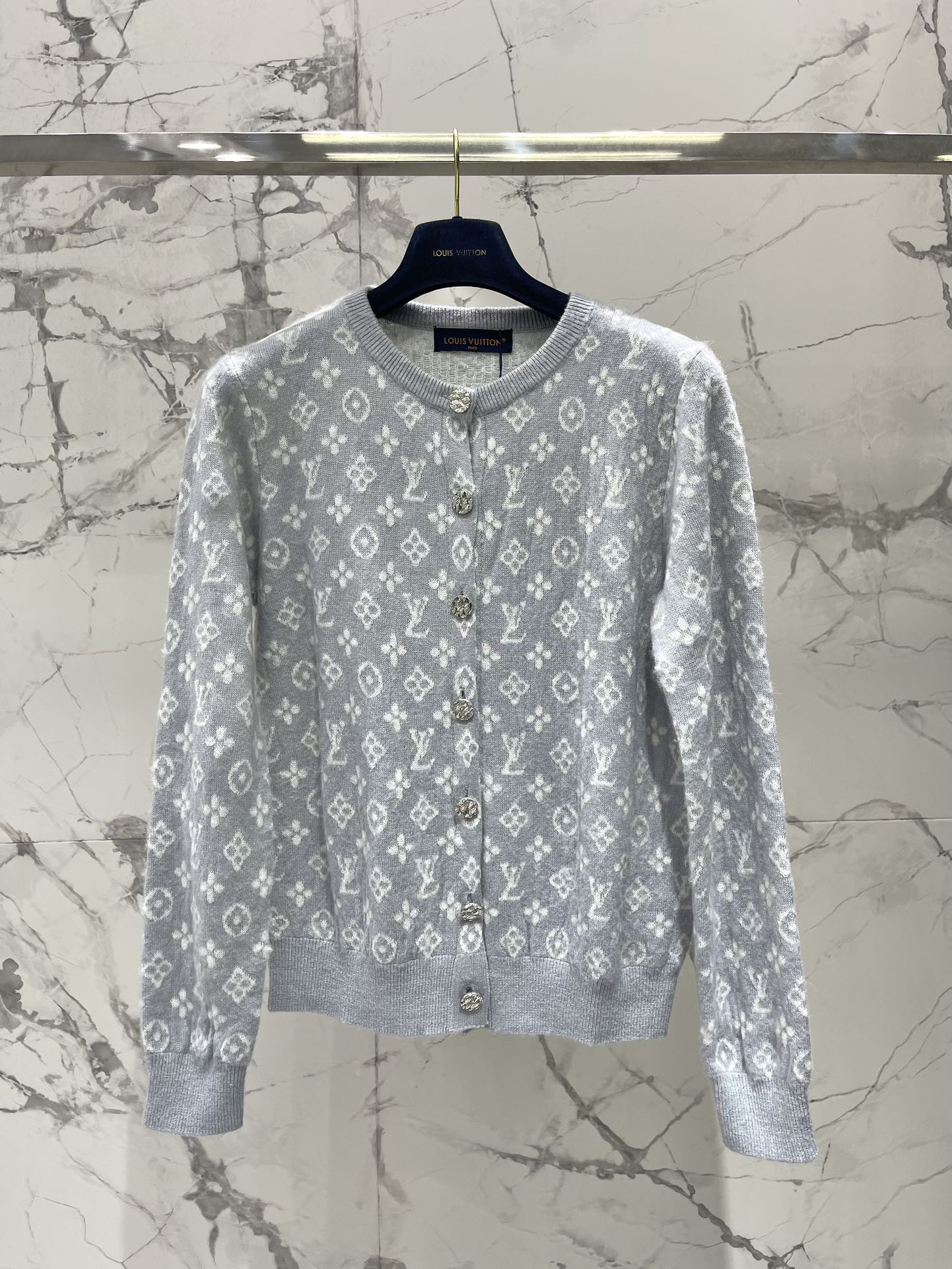 LV Monogram Jacquard All-over Print Gray Cardigan with Monogram Pattern