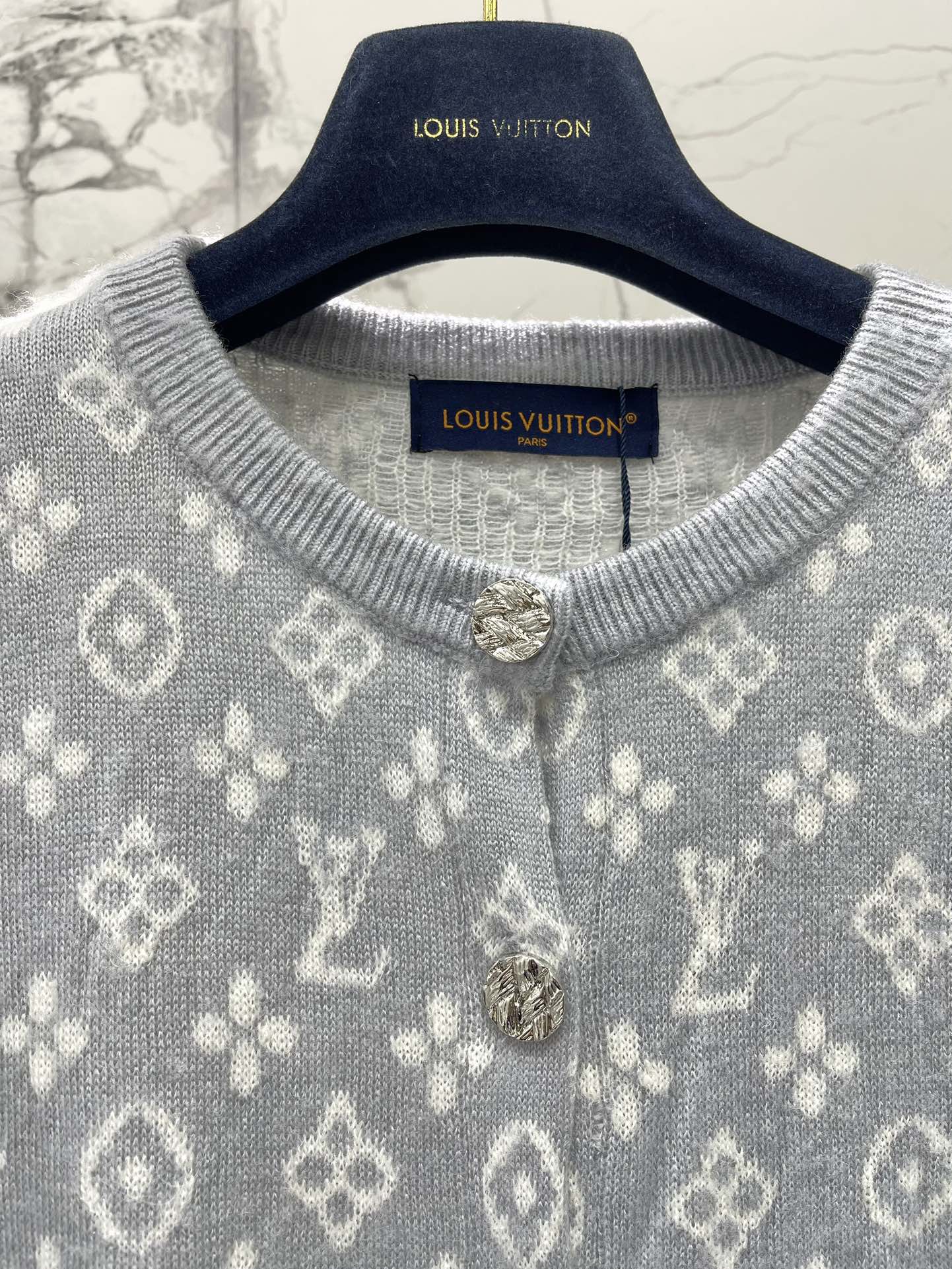 LV Monogram Jacquard All-over Print Gray Cardigan with Monogram Pattern