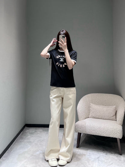 Celine 26SS Color-blocked Neck T-shirt Black in Cotton 898939