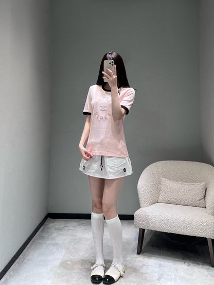 Celine 26SS Color-blocked Neck T-shirt Pink in Cotton 898937
