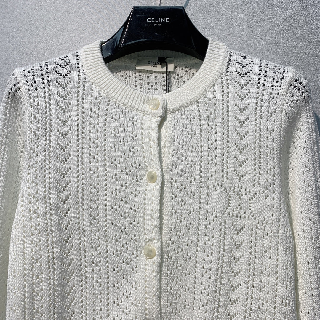 Celine 26SS Openwork Knit Cardigan White in Cotton 978030