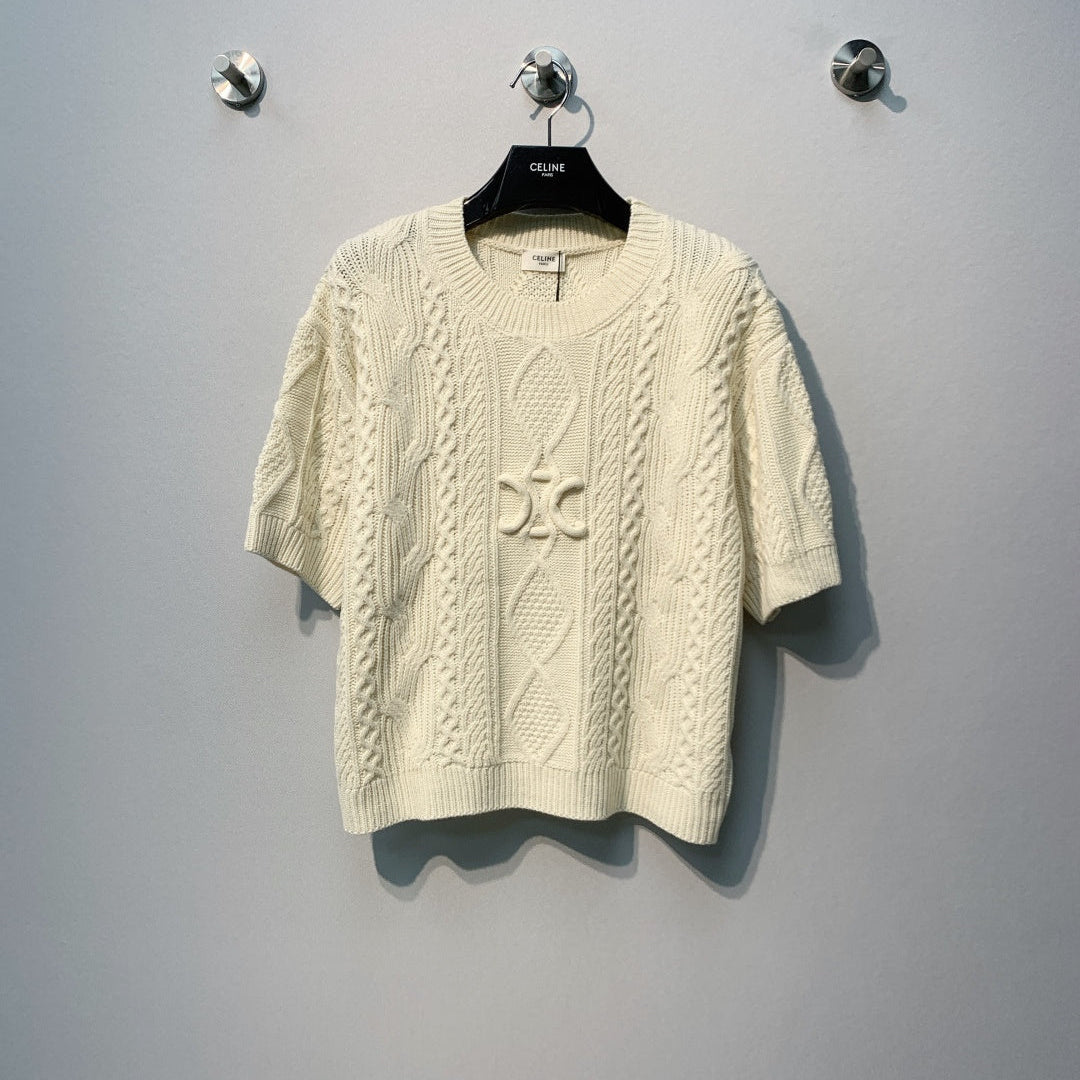Celine 26SS Cable Knit Short-Sleeve T-Shirt Beige in Wool 972358