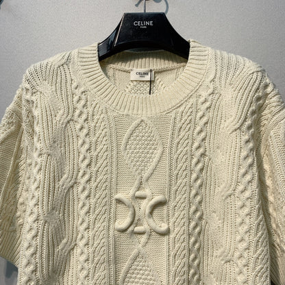 Celine 26SS Cable Knit Short-Sleeve T-Shirt Beige in Wool 972358