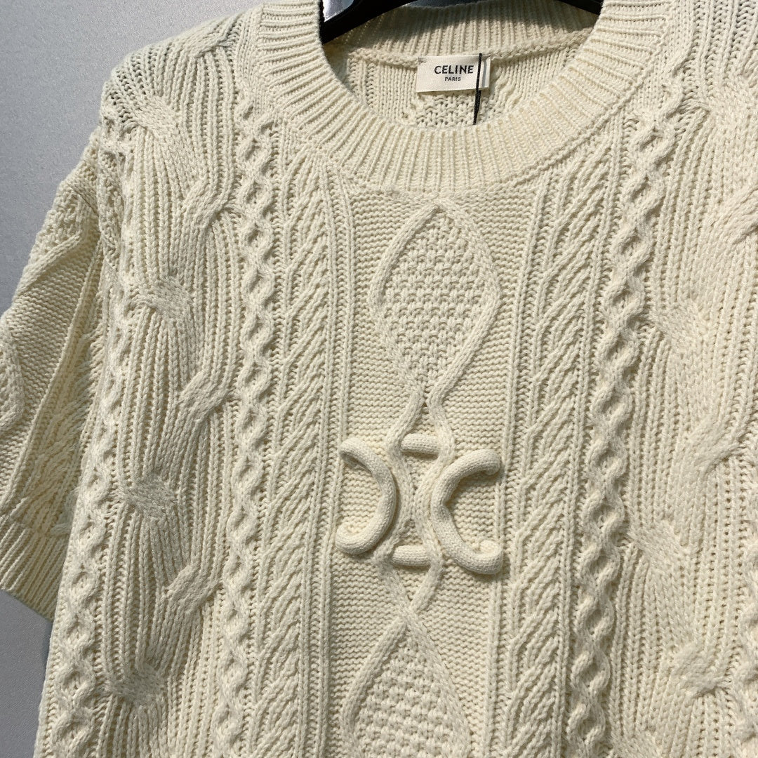 Celine 26SS Cable Knit Short-Sleeve T-Shirt Beige in Wool 972358