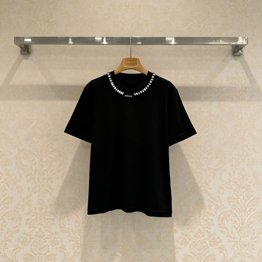 Chanel Black Beaded Crew Neck Short Sleeve T-Shirt in Cotton 133330