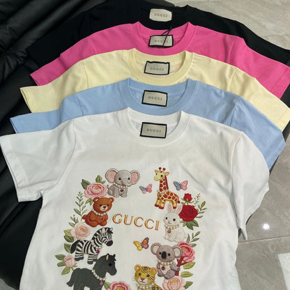 GG Duty Digital Print Animal Beaded Short-Sleeve T-Shirt in Cotton 154107