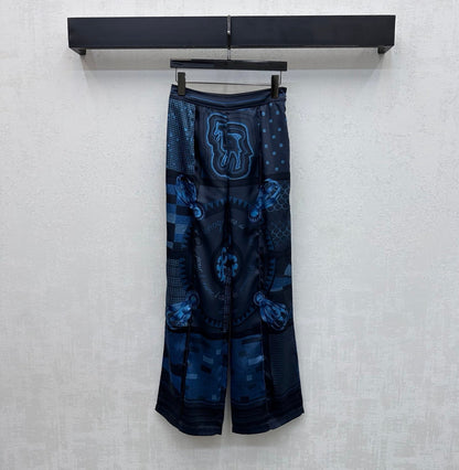Hermes 26 Printed Straight-Leg Trousers Blue in Mulberry Silk 137393