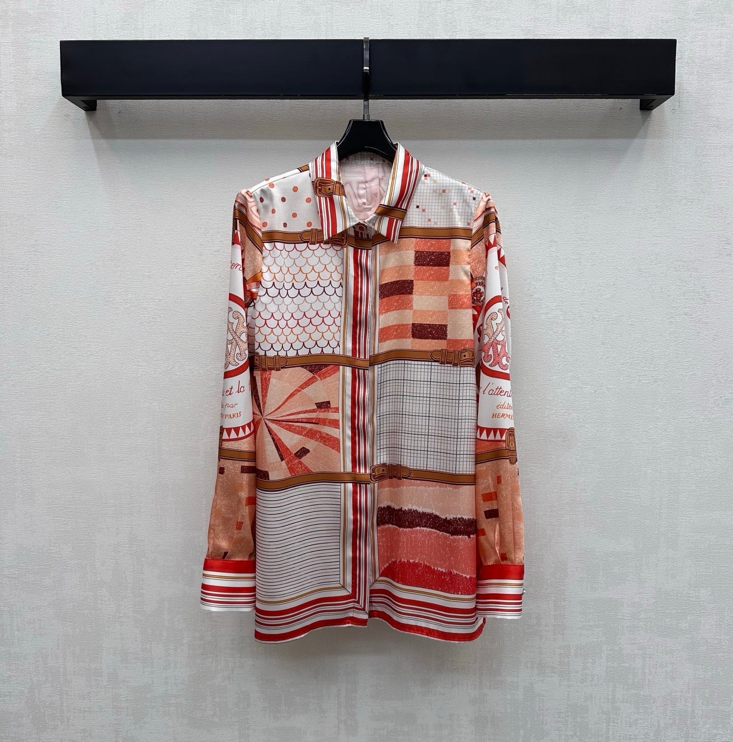 Hermes 26 Printed Long-Sleeve Shirt Orange in Mulberry Silk 137390
