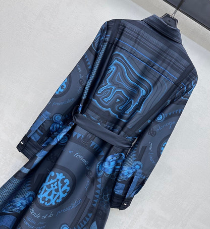 Hermes 26 Printed Waist-Waisted Maxi Dress Blue in Mulberry Silk 137386