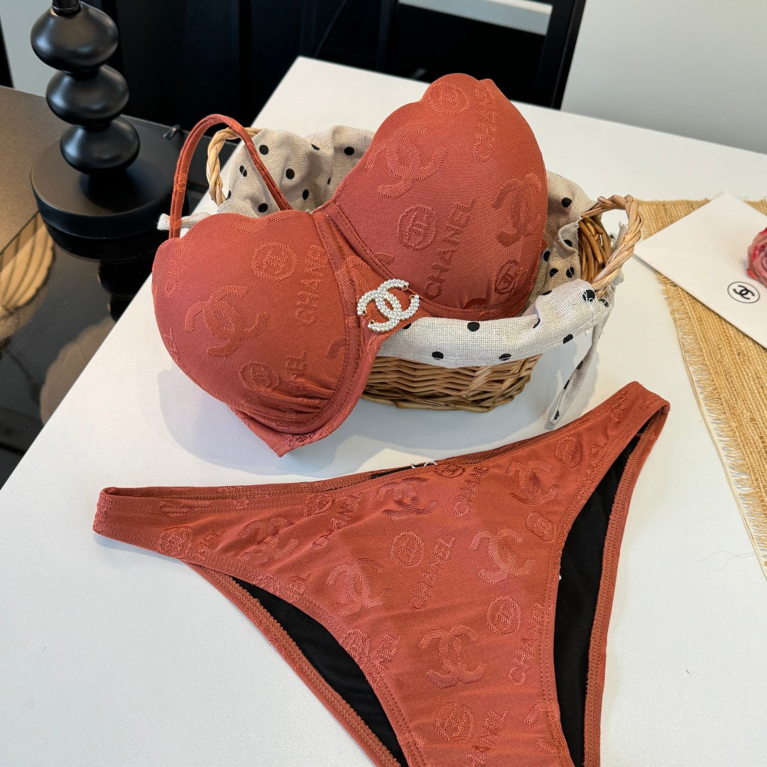 Chanel  Two-piece Bikini Swimsuit with Underwire Earthy Orange in Cotton 195161