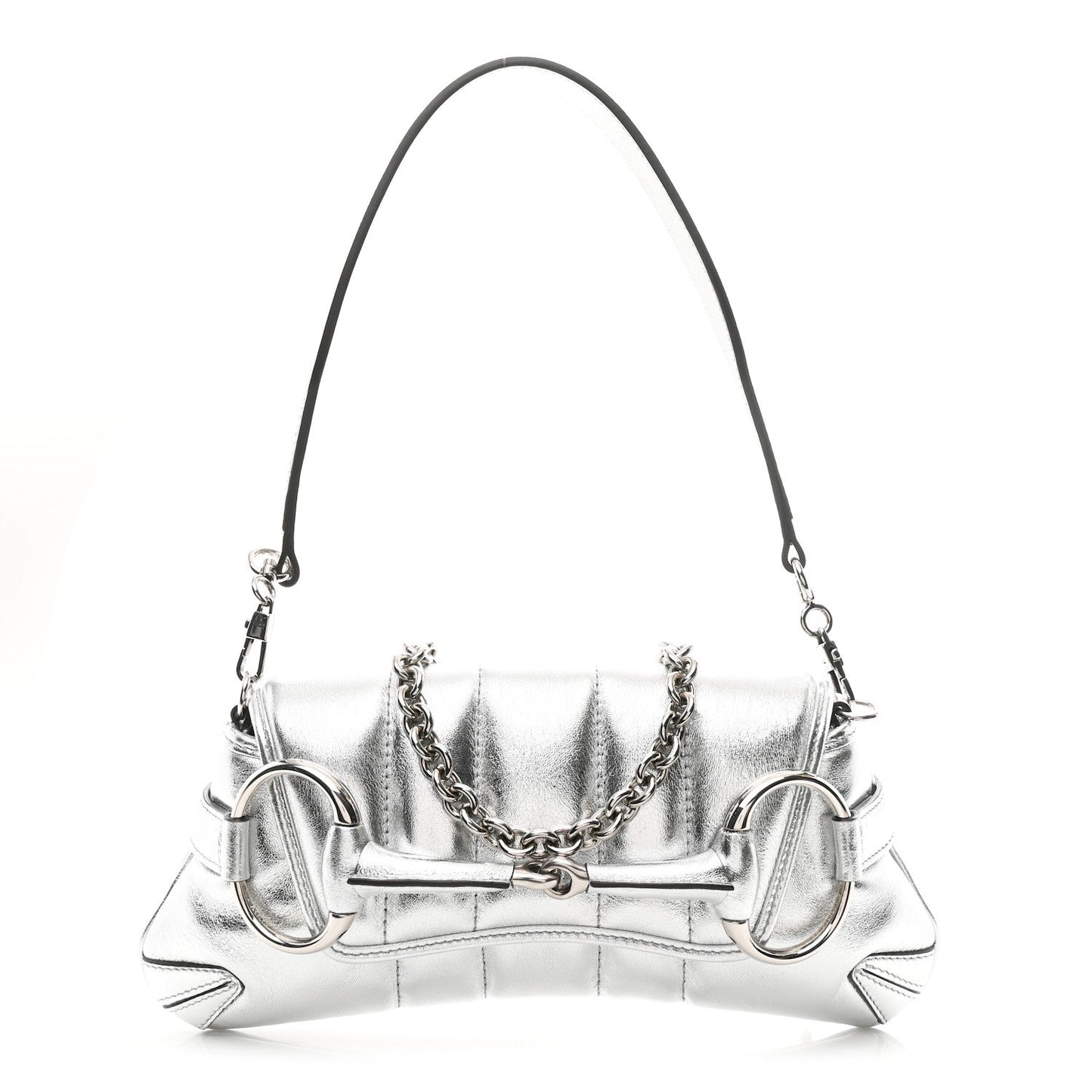 Metallic Nappa Vertical Matelasse Small Maxi Horsebit Chain Shoulder Bag Silver