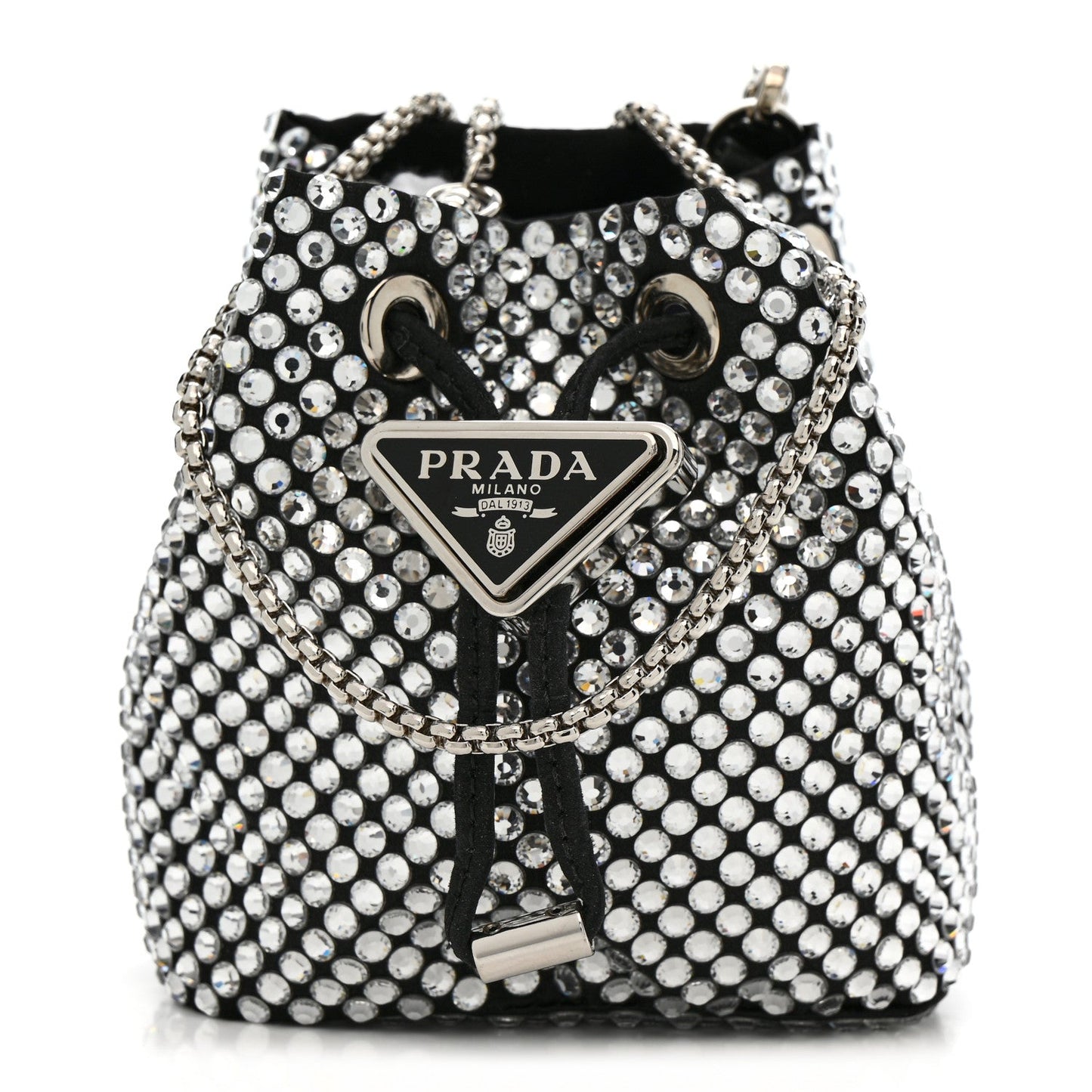 Satin Crystal Metal Triangle Logo Mini Drawcord Pouch Shoulder Bag Crystal
