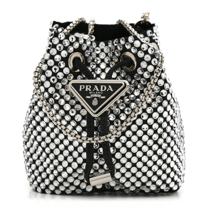 Satin Crystal Metal Triangle Logo Mini Drawcord Pouch Shoulder Bag Crystal