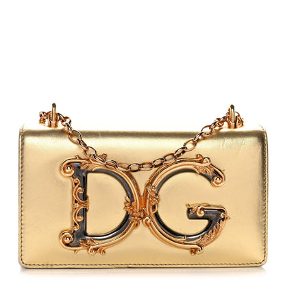 Metallic Calfskin DG Girls Shoulder Bag Gold