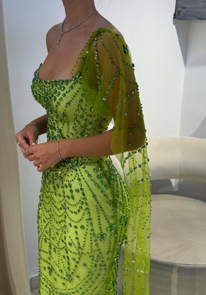 Green Sheath Strapless Rhinestone Tulle Prom Dress Evening Dress SH4545