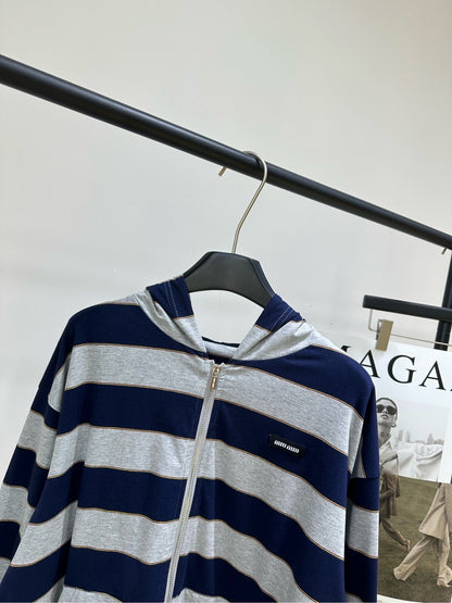 Miu 26s Striped Jersey Hoodie Blue Gray Cotton 349687