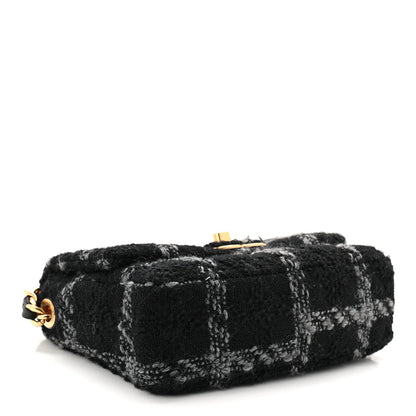 Wool Tweed Quilted Small Elegant Chain Flap Black Grey