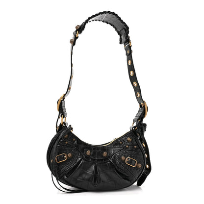 Extra Supple Calfskin Crocodile Embossed Le Cagole Shoulder Bag XS Black
