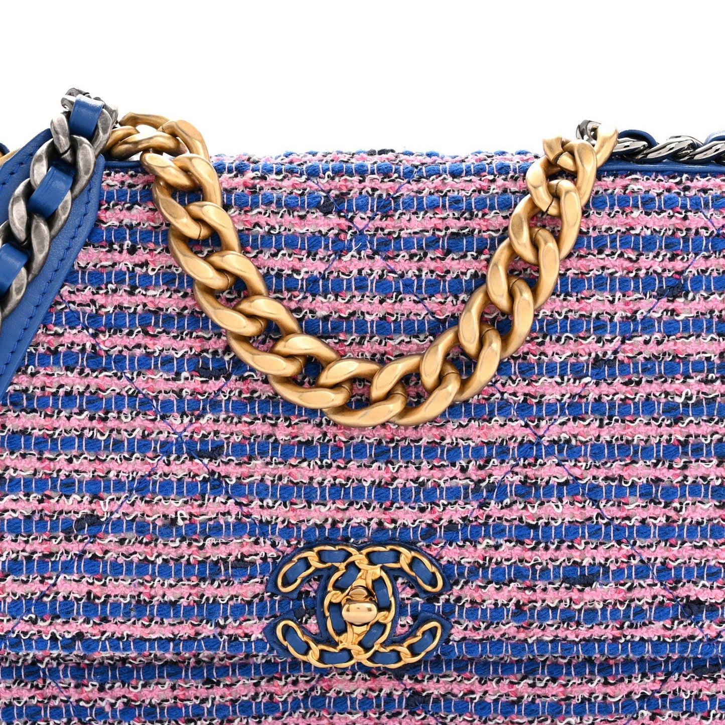 Tweed Quilted Chanel 19 Wallet On Chain WOC Blue Pink