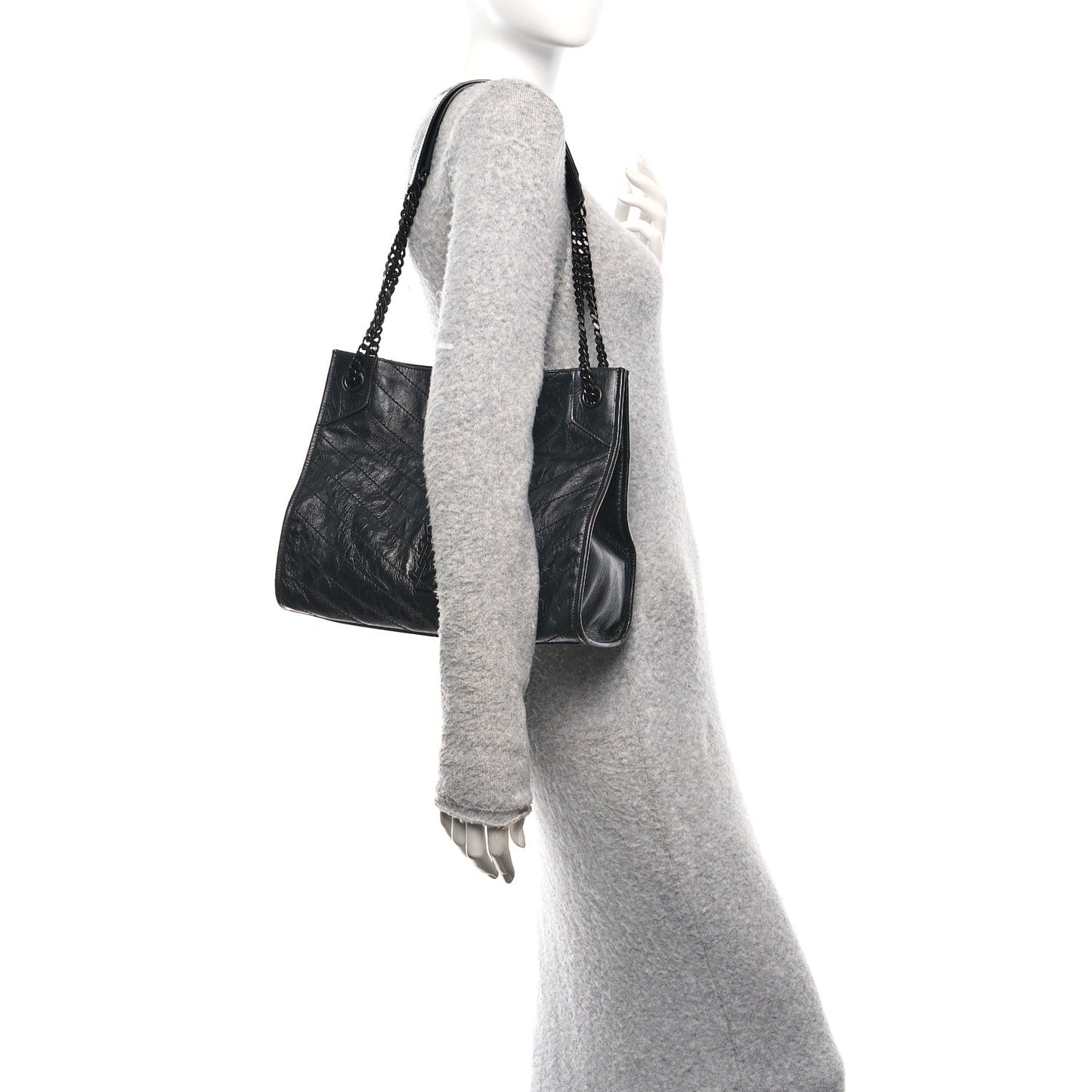 Crinkled Calfskin Matelasse Monogram Medium Niki Shopper Tote Black