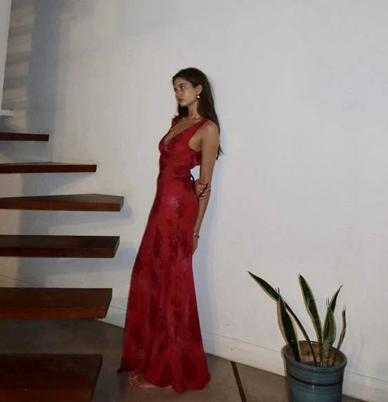 Elegant V-Neck Rose Print Dress Women Sleeveless Evening Party Vintage Evening Dress  cg25380