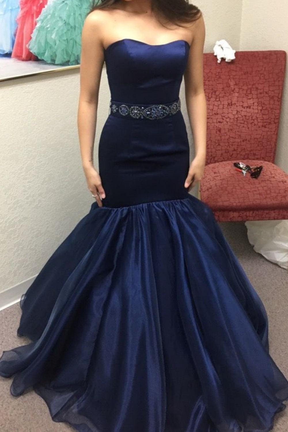 formaldressy-Elegant Navy Satin & Tulle Mermaid Gown for Formal Events gh5815