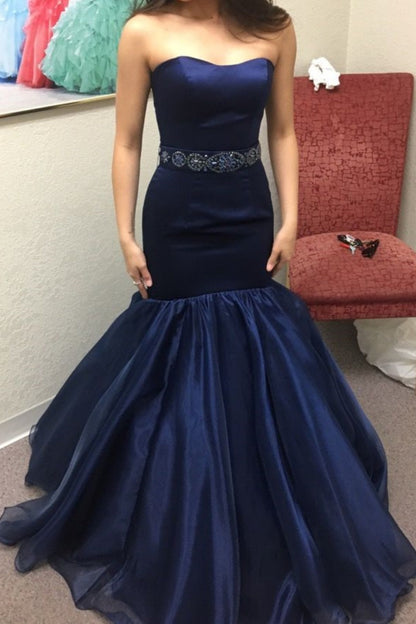 formaldressy-Elegant Navy Satin & Tulle Mermaid Gown for Formal Events gh5815