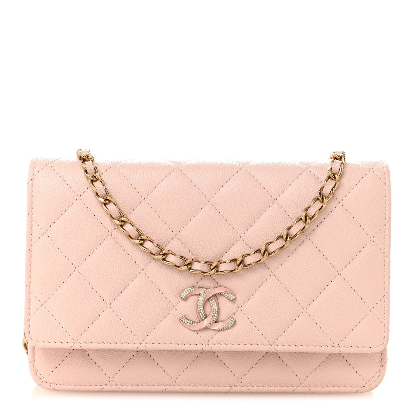 Caviar Quilted Crystal Enamel CC Wallet On Chain WOC Light Pink