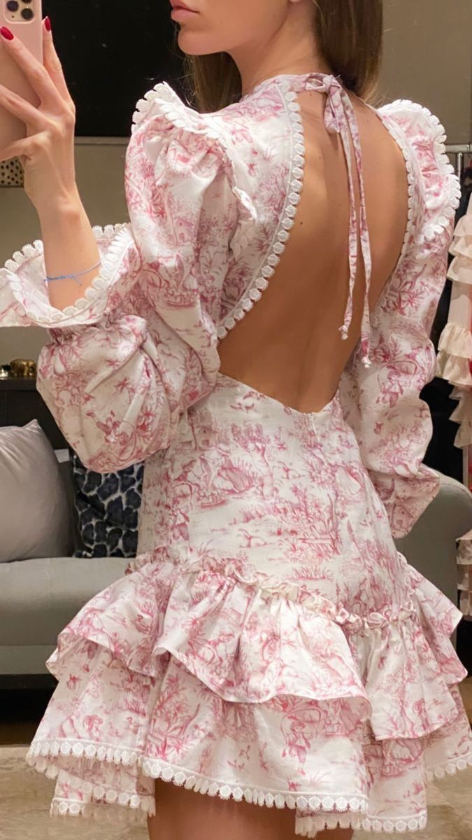 formaldressy-Pink floral long sleeves fashion sweet short chiffon backless homecoming dress birthday dress gh5272