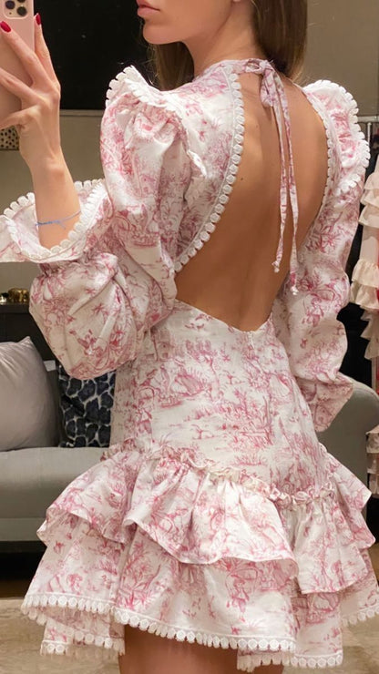 formaldressy-Pink floral long sleeves fashion sweet short chiffon backless homecoming dress birthday dress gh5272