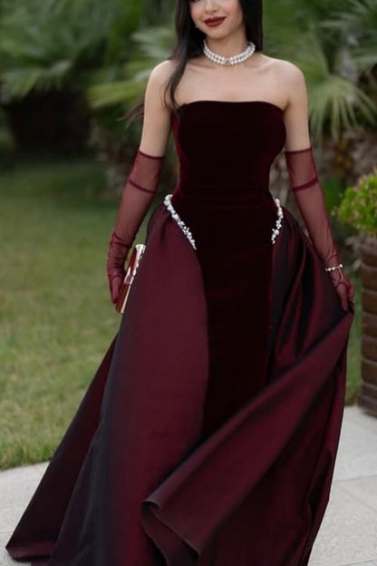formaldressy- Burgundy velvet satin vintage elegant long gown gh6196
