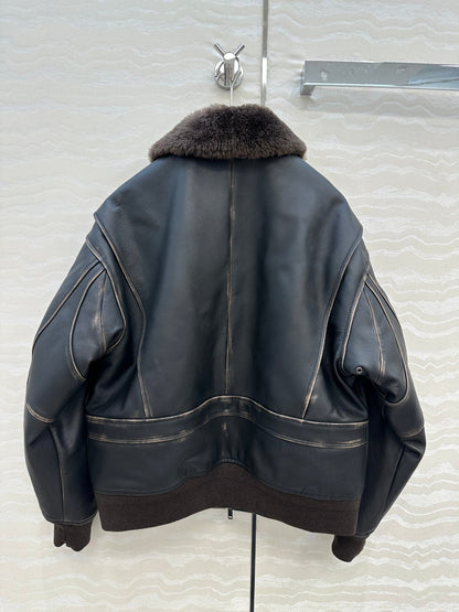 The Row Teddy Lamb Fur Collar Cowhide Down Jacket Black and Brown 304583