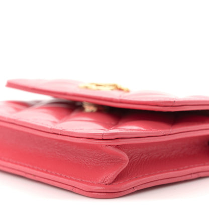 Shiny Lambskin Quilted Card Holder On Chain Pink