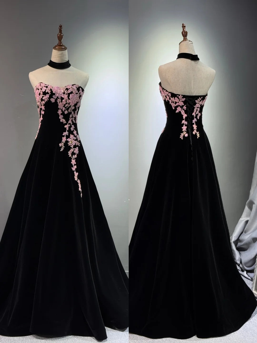 formaldressy -Black velvet floral long ball gown evening gown graduation dress gh5111