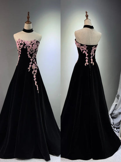 formaldressy -Black velvet floral long ball gown evening gown graduation dress gh5111