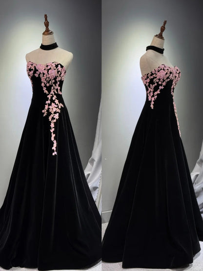 formaldressy -Black velvet floral long ball gown evening gown graduation dress gh5111