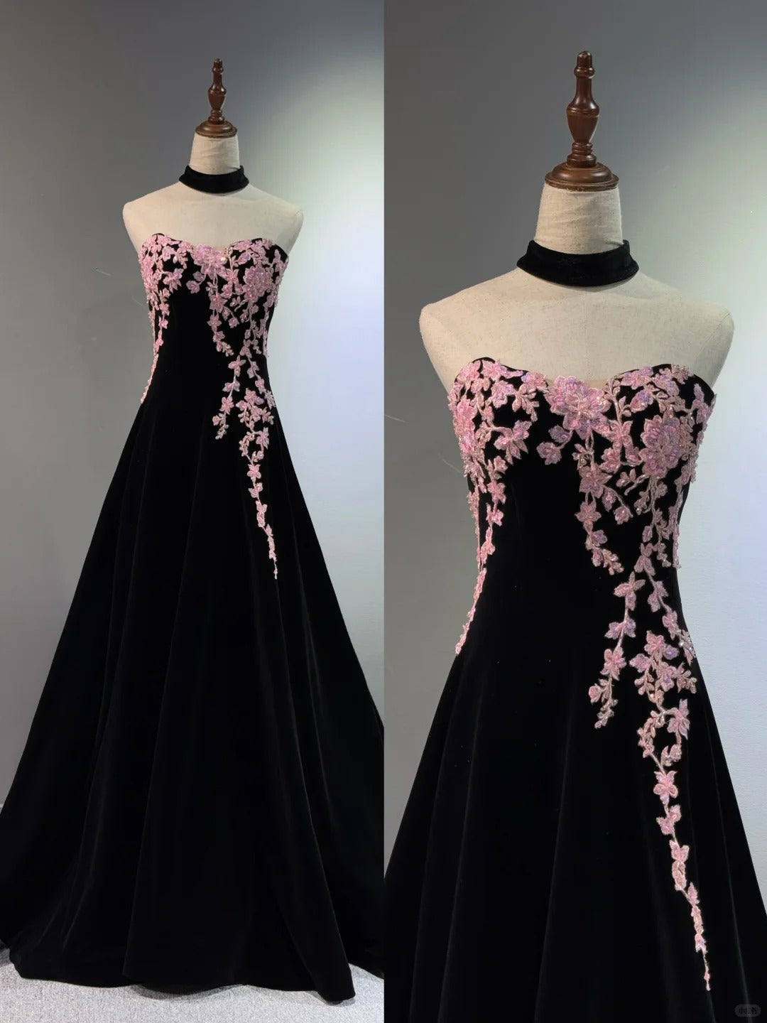 formaldressy -Black velvet floral long ball gown evening gown graduation dress gh5111