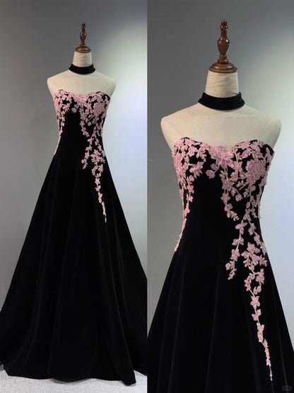 formaldressy -Black velvet floral long ball gown evening gown graduation dress gh5111