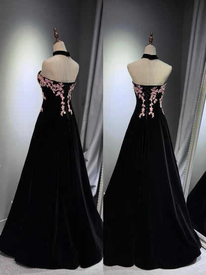 formaldressy -Black velvet floral long ball gown evening gown graduation dress gh5111