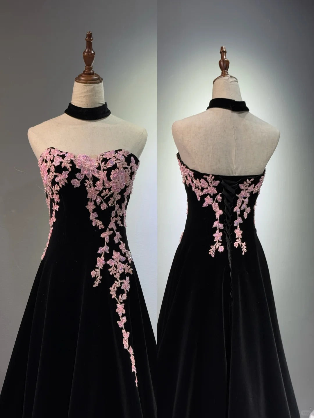formaldressy -Black velvet floral long ball gown evening gown graduation dress gh5111