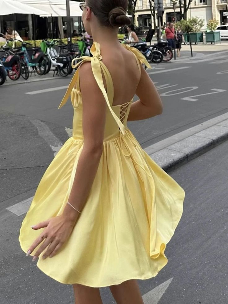 formaldressy-Yellow Fashion Sweet Short Satin Homecoming Dress Birthday Dress gh5270