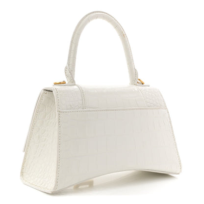 Calfskin Crocodile Embossed Small Hourglass Top Handle Bag White