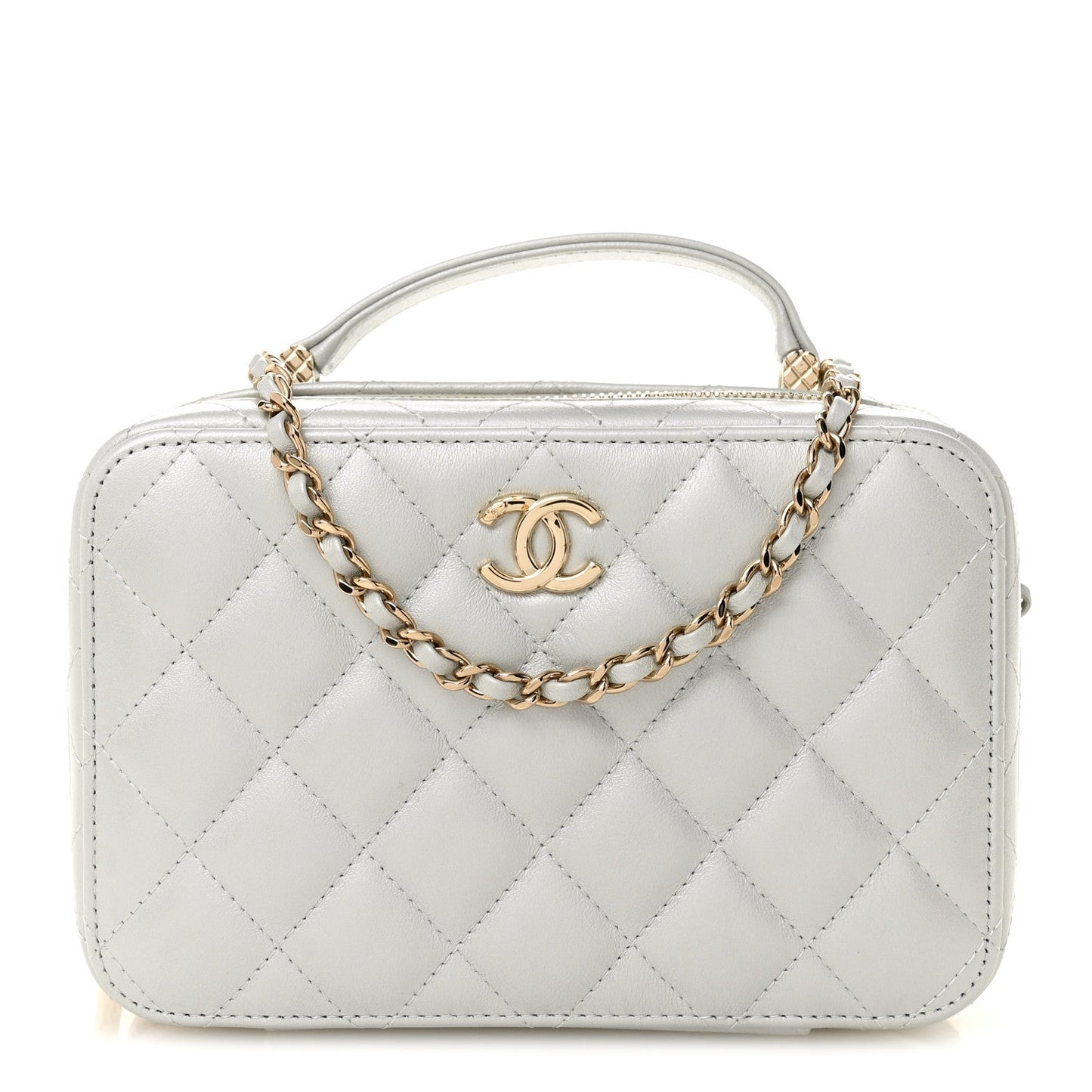 Metallic Lambskin Quilted Top Handle Vanity Case Silver