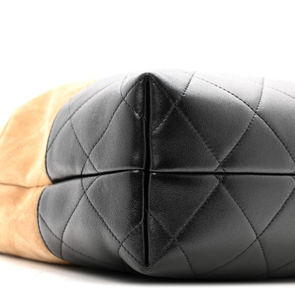 Suede Calfskin Shiny Lambskin Quilted Shopping Bag Beige Black