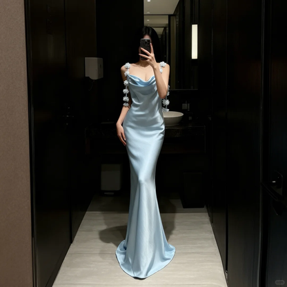 Gentle Blue Mermaid Spaghetti Strap Floral Satin Long Prom Dress Evening Dress SH5106
