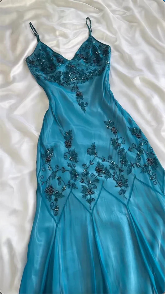 Vintage-Inspired Prom Dresses Under $180_©µGothic Spaghetti Straps Blue Satin Chiffon Sheath Evening Dress with Beading ED01891