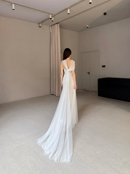 Elegant A Line Sweetheart Neck White Tulle Long Wedding Dress with Slit  SH5098