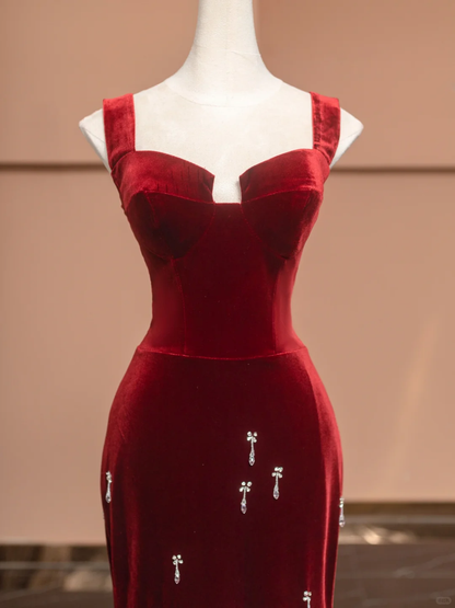 Burgundy Mermaid Straps Beaded Velvet Long Prom Dress Party Dress SH4370