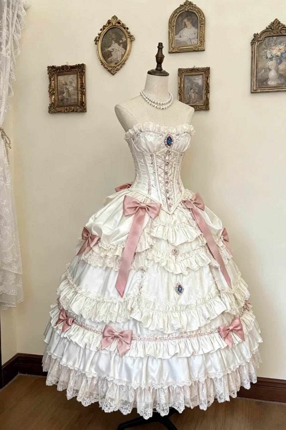 formaldressy-Long Tulle Lace Retro Classical Cream Apricot And Pink Interwoven Dream Dress Palace Lolita Dress Floral Ball Gown gh5937