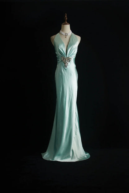 formaldressy-Mint Green Satin Halter Sleeveless Floor-Length Beaded Mermaid Evening Gown gh6307
